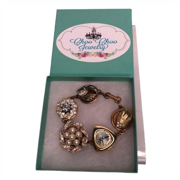 Vintage Earring Bracelet Pearl, Rhinestone, Bold Gold Setting - Picture 3 of 7